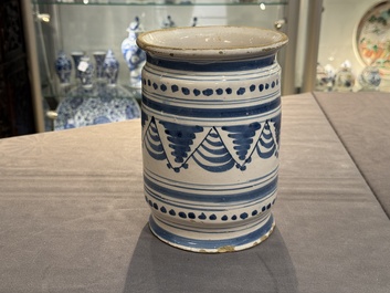 A blue and white Dutch Delftware albarello, Northern Netherlands, 17th C.