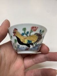 Four Chinese famille rose 'rooster' cups and five saucers, Yongzheng