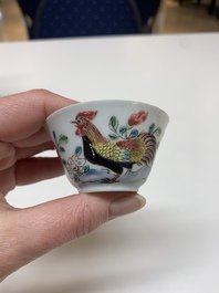 Four Chinese famille rose 'rooster' cups and five saucers, Yongzheng