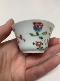 Four Chinese famille rose 'rooster' cups and five saucers, Yongzheng
