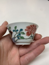 Four Chinese famille rose 'rooster' cups and five saucers, Yongzheng