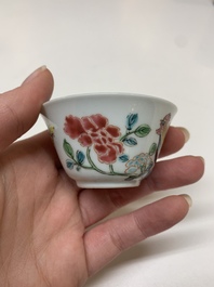 Four Chinese famille rose 'rooster' cups and five saucers, Yongzheng