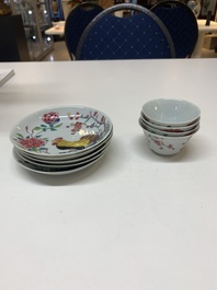 Four Chinese famille rose 'rooster' cups and five saucers, Yongzheng