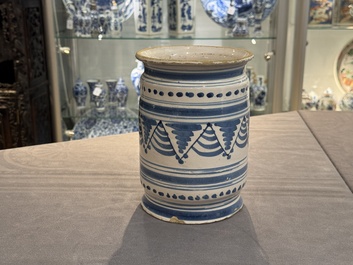 A blue and white Dutch Delftware albarello, Northern Netherlands, 17th C.