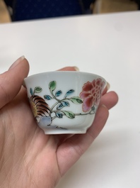 Four Chinese famille rose 'rooster' cups and five saucers, Yongzheng