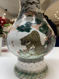 A very rare Chinese famille verte 'tiger and phoenix' vase, incised Chenghua mark, Kangxi
