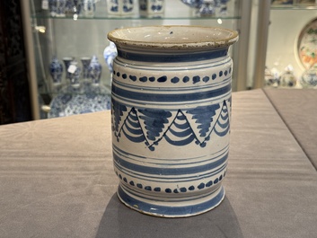 A blue and white Dutch Delftware albarello, Northern Netherlands, 17th C.