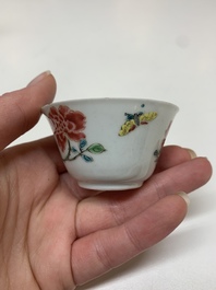 Four Chinese famille rose 'rooster' cups and five saucers, Yongzheng