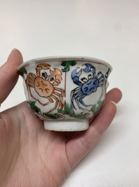 Five Chinese famille verte cups and six saucers, Kangxi
