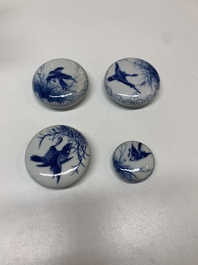 Four Chinese blue and white seal paste boxes in the style of Wang Bu, Yongzheng marks, Republic