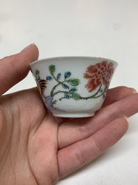Four Chinese famille rose 'rooster' cups and five saucers, Yongzheng