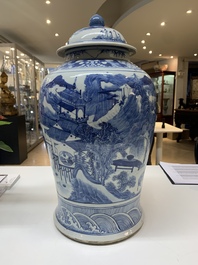 A near pair of Chinese blue and white 'landscape' vases and covers, 19th C.