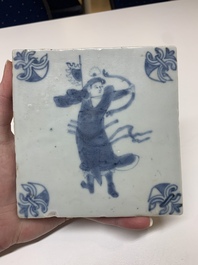 A Chinese blue and white 'archer' tile after a Dutch Delft example, Transitional period