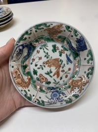 Five Chinese famille verte cups and six saucers, Kangxi