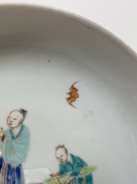 A Chinese famille rose 'ruby back' plate with figural design, 19th C.