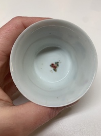 Four Chinese famille rose 'rooster' cups and five saucers, Yongzheng
