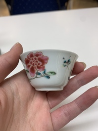 Four Chinese famille rose 'rooster' cups and five saucers, Yongzheng