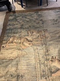 A Japanese embroidered silk with six tigers in the bamboo forest, 應舉 mark, Meiji, 19th C.
