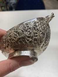 Four silver Kashkul bowls and a rectangular tray, India and Persia, 19/20th C.
