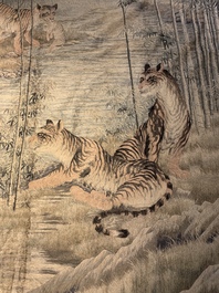 A Japanese embroidered silk with six tigers in the bamboo forest, 應舉 mark, Meiji, 19th C.