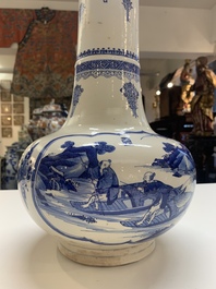 A Chinese blue and white 'fishermen' bottle vase, signed Xiaoshan 曉山, artemisia leaf mark, Kangxi