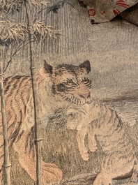 A Japanese embroidered silk with six tigers in the bamboo forest, 應舉 mark, Meiji, 19th C.