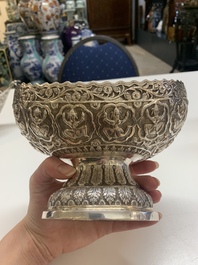 Four silver Kashkul bowls and a rectangular tray, India and Persia, 19/20th C.