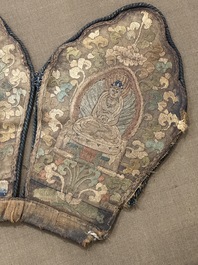 A framed Tibetan silk-embroidered four-leaf ritual crown with Transcendent Buddhas, Tibet, 18th C.
