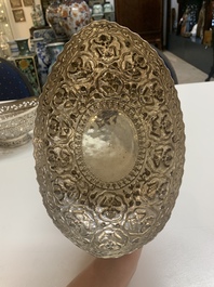 Four silver Kashkul bowls and a rectangular tray, India and Persia, 19/20th C.