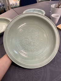 Three Chinese celadon dishes with floral design, Ming and later