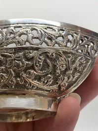 Four silver Kashkul bowls and a rectangular tray, India and Persia, 19/20th C.
