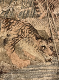 A Japanese embroidered silk with six tigers in the bamboo forest, 應舉 mark, Meiji, 19th C.