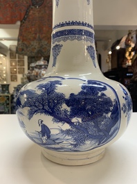 A Chinese blue and white 'fishermen' bottle vase, signed Xiaoshan 曉山, artemisia leaf mark, Kangxi