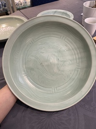 Three Chinese celadon dishes with floral design, Ming and later
