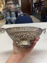 Four silver Kashkul bowls and a rectangular tray, India and Persia, 19/20th C.