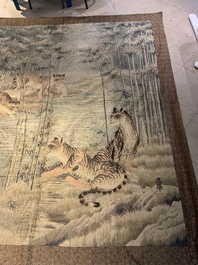 A Japanese embroidered silk with six tigers in the bamboo forest, 應舉 mark, Meiji, 19th C.