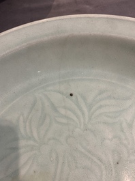 Three Chinese celadon dishes with floral design, Ming and later