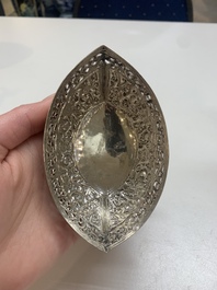 Four silver Kashkul bowls and a rectangular tray, India and Persia, 19/20th C.