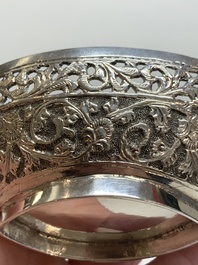 Four silver Kashkul bowls and a rectangular tray, India and Persia, 19/20th C.