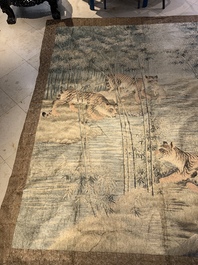 A Japanese embroidered silk with six tigers in the bamboo forest, 應舉 mark, Meiji, 19th C.