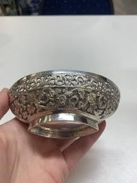 Four silver Kashkul bowls and a rectangular tray, India and Persia, 19/20th C.