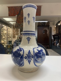 A Chinese blue and white 'fishermen' bottle vase, signed Xiaoshan 曉山, artemisia leaf mark, Kangxi