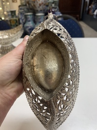 Four silver Kashkul bowls and a rectangular tray, India and Persia, 19/20th C.