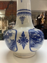 A Chinese blue and white 'fishermen' bottle vase, signed Xiaoshan 曉山, artemisia leaf mark, Kangxi