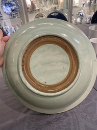 Three Chinese celadon dishes with floral design, Ming and later