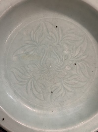 Three Chinese celadon dishes with floral design, Ming and later