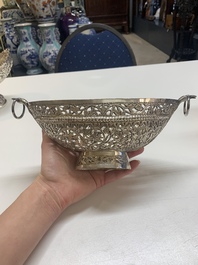Four silver Kashkul bowls and a rectangular tray, India and Persia, 19/20th C.