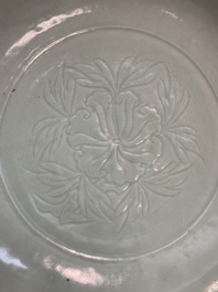 Three Chinese celadon dishes with floral design, Ming and later
