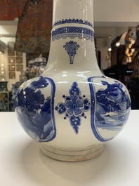 A Chinese blue and white 'fishermen' bottle vase, signed Xiaoshan 曉山, artemisia leaf mark, Kangxi