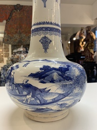 A Chinese blue and white 'fishermen' bottle vase, signed Xiaoshan 曉山, artemisia leaf mark, Kangxi